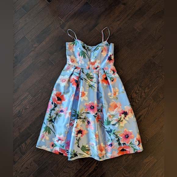 Eliza J Floral Blue Satin Cocktail Dress sz 12 - Picture 2 of 16